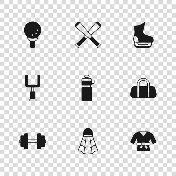 Set Badminton shuttlecock, Sport bag, Kimono, Fitness shaker, Skates, Golf ball tee, Crossed baseball bat and American football goal post icon. Vetor - Vetor, Imagem