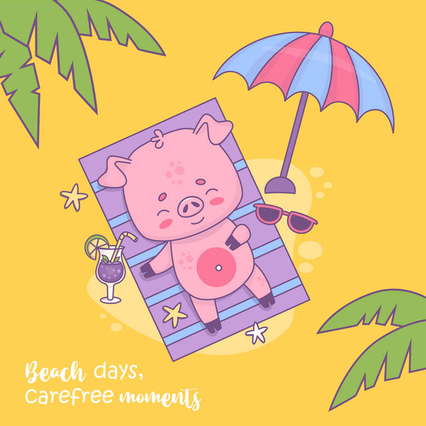 Szczęśliwa świnka plażowa opala się i odpoczywa pod parasolem i liśćmi palmy. Cute relaksujący charakter zwierzęcia na żółtym tle. Ilustracja wektora. Letnia karta kwadratowa ze śmiesznym sloganem - Wektor, obraz