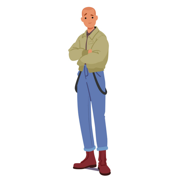 Skinhead personaggio maschile sta a tutta altezza con uno sguardo distintivo, testa rasata, stivali, jeans, braccia incrociate che incorporano una sottocultura evoluta con ideologie estremiste. Illustrazione del vettore della gente del fumetto - Vettoriali, immagini