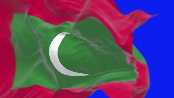 Primer plano de la bandera nacional de Maldivas ondeando aislada sobre fondo azul. Animación de renderizado en 3D sin fisuras. Clave de croma. Circuito de cámara lenta. Pantalla azul. 4K. Enfoque selectivo. - Metraje, vídeo