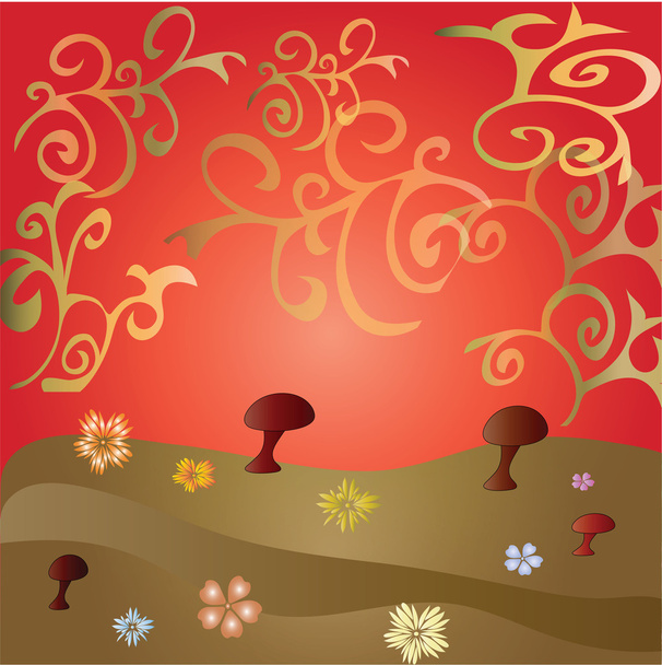Background with glade, flowers and mushrooms - Vector, Image