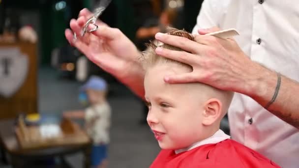 A férfi fodrász fésülködéssel és ollóval vágja a kisfiú haját. Közelkép a gyerekről, ahogy levágja a haját egy felnőtt férfi, valószínűleg borbély. Professzionális fodrász és aranyos ügyfél a modern fodrászatban. - Felvétel, videó