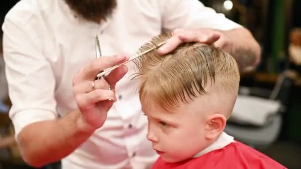 Uomo barbiere tagliando i capelli dei bambini con pettine e forbici. Primo piano del bambino che si fa tagliare i capelli da un maschio adulto, probabilmente barbiere. Parrucchiere professionista e cliente carino al moderno barbiere. - Filmati, video