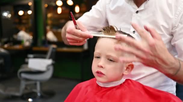 Homme coiffeur couper les cheveux des petits garçons en utilisant peigne et ciseaux. Gros plan de l'enfant qui se fait couper les cheveux par un homme adulte, probablement un coiffeur. Coiffeur professionnel et client mignon au salon de coiffure moderne. - Séquence, vidéo