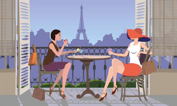 Girls at a table on the balcony in a cafe against the backdrop of the city and the Eiffel Tower. - Vector, Image