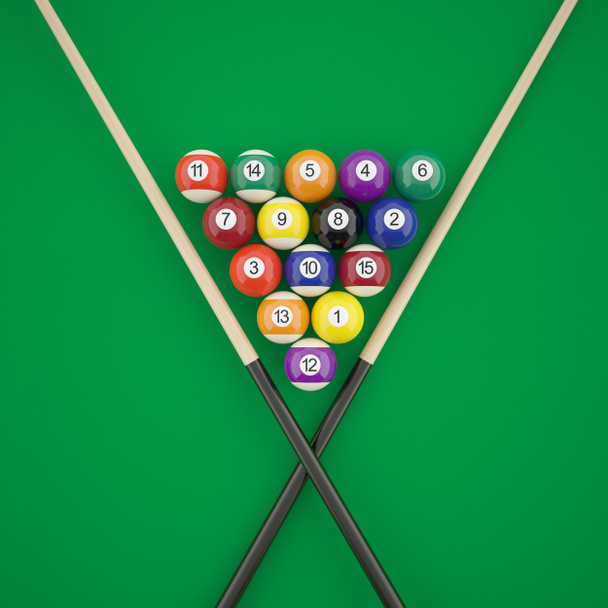 Billiard balls in a triangle with cues on green billiard table. - Foto, Imagen