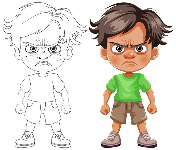 Dos chicos de dibujos animados con expresiones enojadas de pie. - Vector, imagen