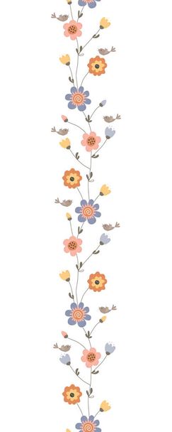 Элегантный волнистый цветок бесшовный узор. Весенние скандинавские цветы и птицы граничат на день рождения, годовщину, поздравительную открытку, текстиль. Векторная иллюстрация. - Вектор,изображение