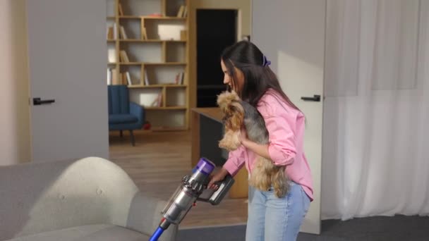 Nainen pölynimuri ja koira kädessään imurointi olohuoneessa - Materiaali, video