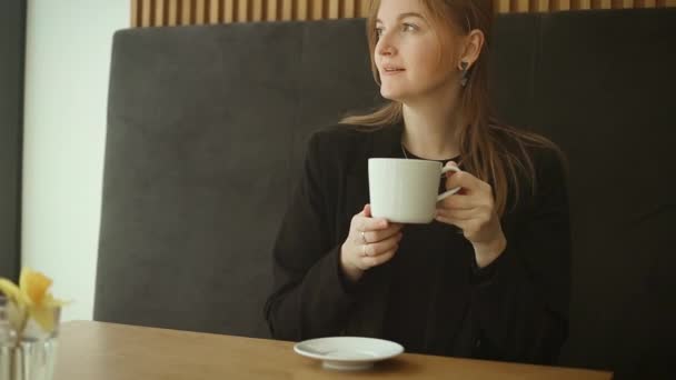 Donna d'affari caucasica seduta vicino alla finestra che beve latte macchiato mentre si rilassa in caffetteria. Bella donna piace bere caffè al caffè. Concetto di piccola impresa alimentare e bevande - Filmati, video