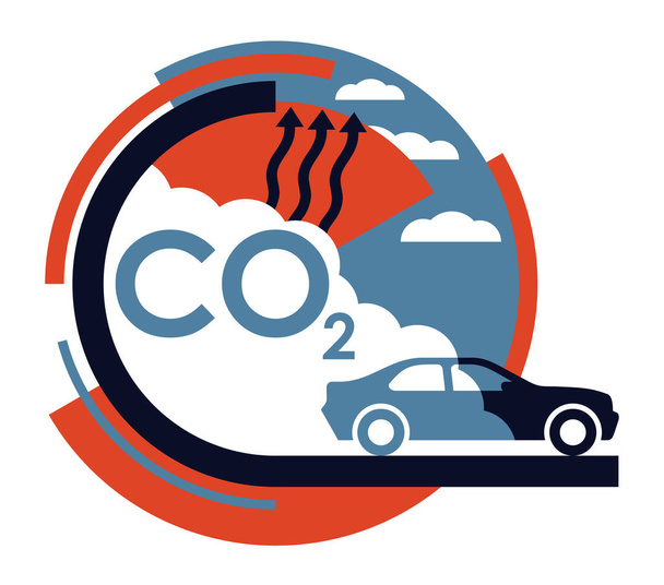 CO2 emissions of transportation - dangerous carbon dioxide air pollution of cars. Environmental footprint with greenhouse gases and global warming - Vector, Image