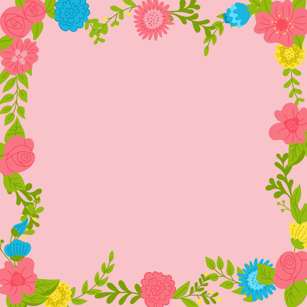 Tavaszi absztrakt virágos négyzet banner sablon rózsaszín színű. Keret sablon vagy design nyomtatás kézzel rajzolt stilizált virágokkal. Jó banner, háttér, szociális média grafika - Vektor, kép