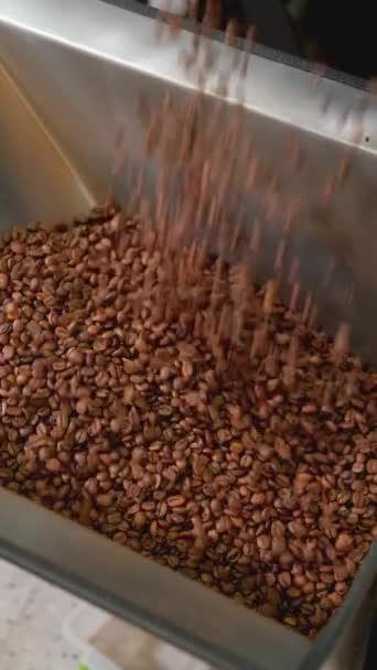 Proceso de video vertical tostado de granos de café en el tostado. - Metraje, vídeo