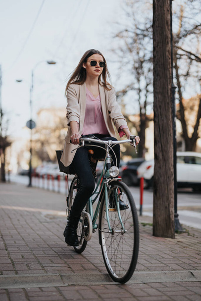 Giovane ciclista donna vestita con disinvoltura cavalcando con sicurezza e divertimento su una strada urbana, incarnando uno stile di vita attivo. - Foto, immagini