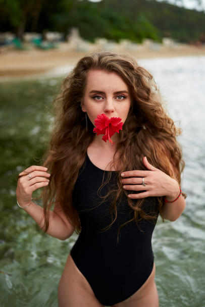 Female beauty, tropical vacation, beach lifestyle, sensuality, floral concept, summer leisure activity. Attractive woman holds red hibiscus flower in mouth, stands in black swimsuit by sea. - Photo, Image