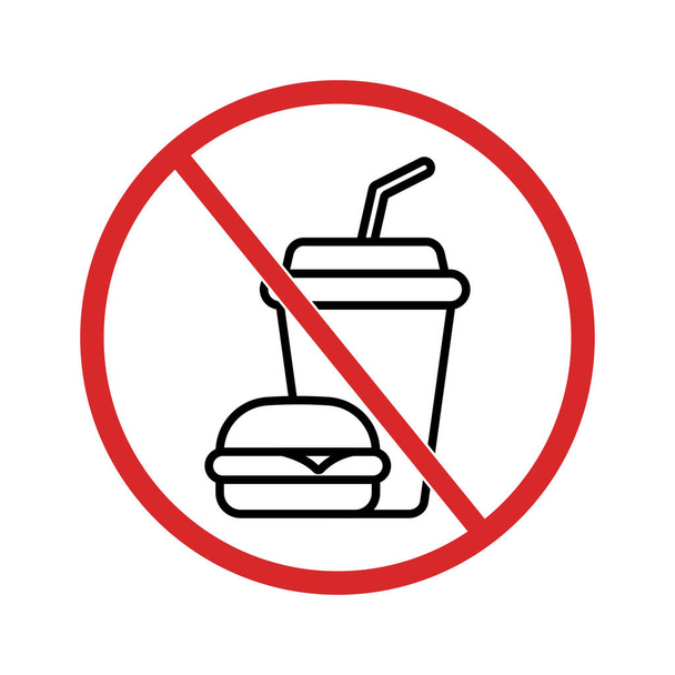 Žádné jídlo a pití, zakázané znamení. Žádný hamburger, žádné lineární ikony. Kulatá červená nálepka. Vektor - Vektor, obrázek