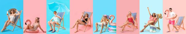 Set di diverse persone rilassanti su sfondo a colori. Vacanze estive - Foto, immagini
