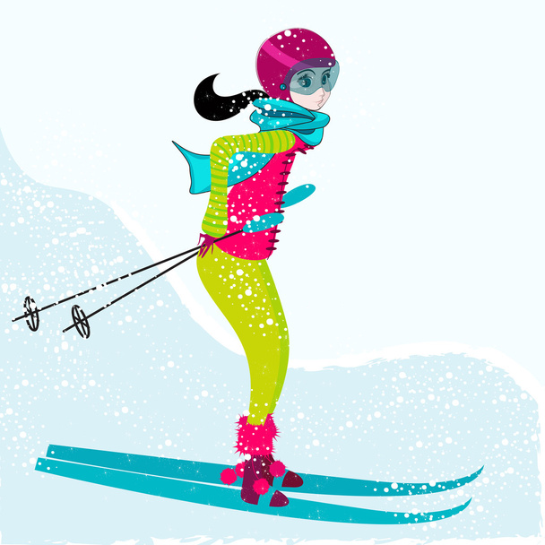 leuk meisje skiën - Vector, afbeelding
