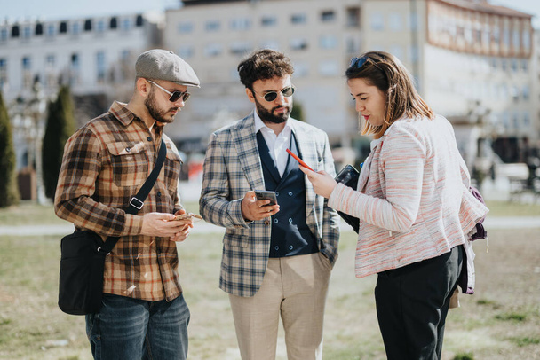 Three youthful people engage in a collaborative business discussion in a downtown city area, enhancing strategies and marketing ideas. - Photo, Image