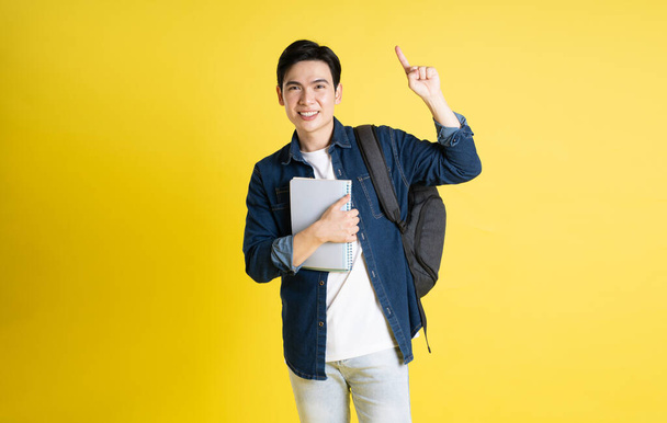 Portrait d'un étudiant asiatique posant sur fond jaune - Photo, image
