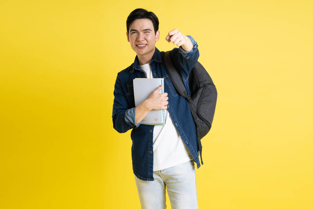 Muotokuva Aasian mies opiskelija poseeraa keltaisella pohjalla - Valokuva, kuva