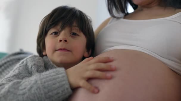 Kochająca Przyjęcie 5-letniego chłopca i ciężarnej matki, zbliżenie delikatnego pocałunku w brzuch, przechwytywanie esencji więzi rodzinnych w późnej ciąży - Materiał filmowy, wideo
