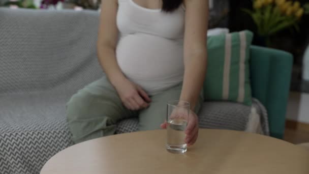 Ciężarna kobieta podnosi szklankę wody siedzącej na domowej kanapie, trzeci trymestr ciąży. Osoba dbająca o zdrowie i samopoczucie spodziewająca się nienarodzonego dziecka - Materiał filmowy, wideo