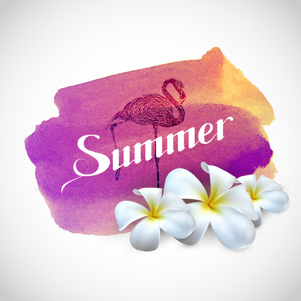 Summer label with exotic flowers and flamingo bird - Vektori, kuva