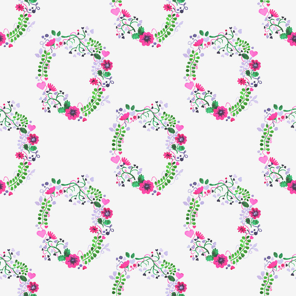 Seamless watercolor pattern with gorgeus flower wreaths on the white background, aquarelle.  Vector illustration. - Vektör, Görsel