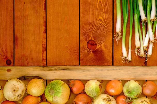 groene uien op een houten achtergrond - Foto, afbeelding