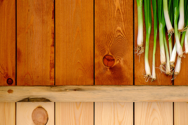 Cipolle verdi giovani fresche su un tavolo di legno
 - Foto, immagini