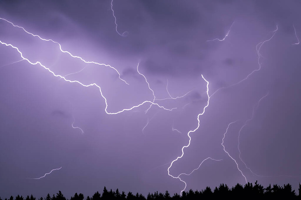 レイ レイ。 ライトニング。 エレクトリック嵐。 雷と雷がたくさんある強い電気嵐. フィールド上の電気嵐. ライトニング・フォト。 建物や木のシルエット. - 写真・画像
