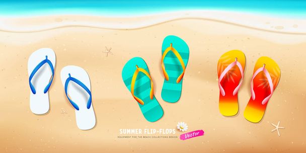 Summer flip flop colorful collection, starfish on sand beach design background, Eps 10 vector illustration - Vector, Image