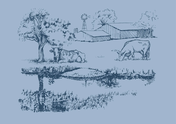 Panorama del paesaggio di campagna con fiume. Schizzo penna convertito in disegno vettoriale - Vettoriali, immagini
