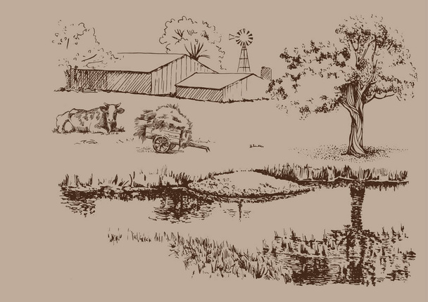 Panorama de paisaje rural con río. Dibujo de pluma convertido en dibujo vectorial - Vector, imagen