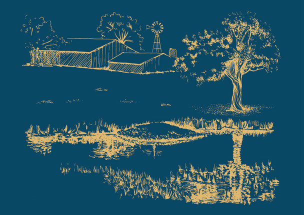 Panorama del paesaggio di campagna con fiume. Schizzo penna convertito in disegno vettoriale - Vettoriali, immagini