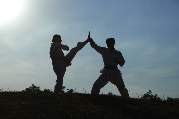 Silhueta de atleta taekwondo bloqueando chute alto do adversário - Foto, Imagem