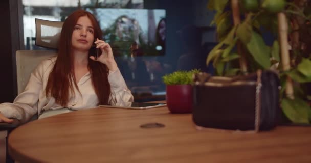 Femme d'affaires menant une enquête de satisfaction de la clientèle par téléphone tout en travaillant et assis à la table dans le bureau. - Séquence, vidéo