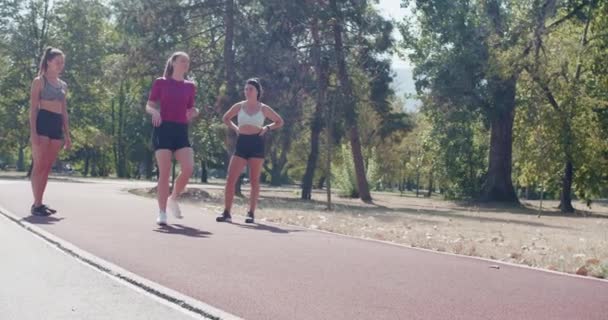 Tři aktivní ženy odpočívají a připravují se na sprint na běžecké dráze ve slunném, klidném prostředí parku. - Záběry, video