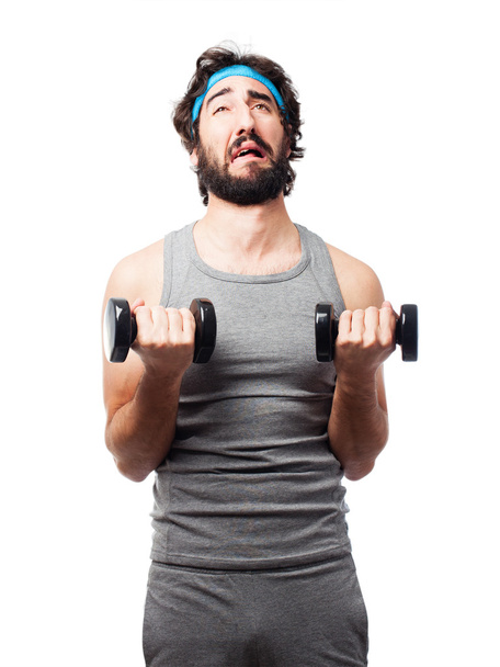 crazy sportsman with dumbbells  - Photo, image