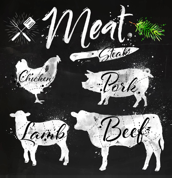 Set meat silhouettes chalk - Vector, Image