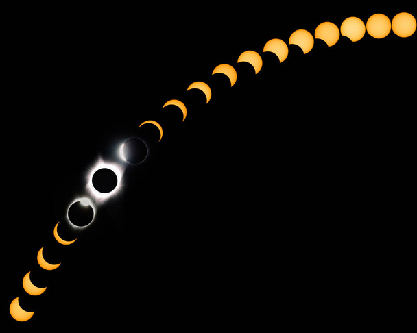 Fases de eclipse solar total trayectoria curva con corona - Foto, imagen