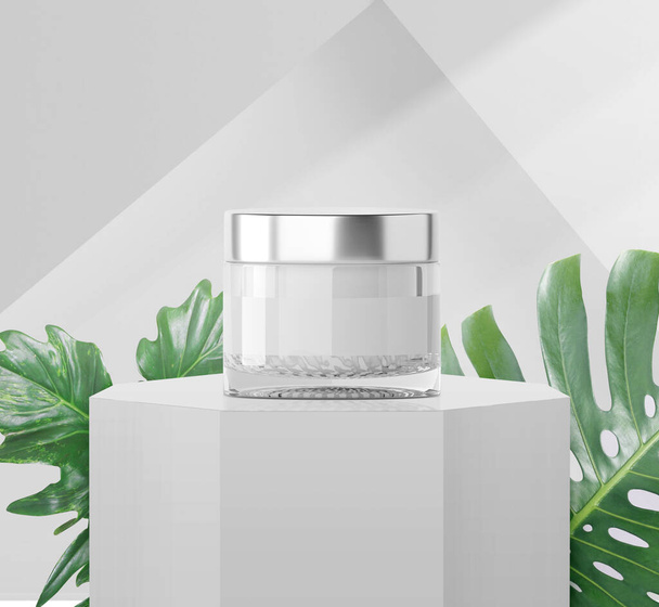 Whitening cream in package on a white podium with light coming in through a window and tropical plants, for cosmetic ads. - Photo, Image