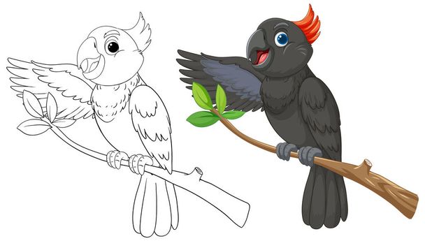 Two cartoon parrots on a branch, one colored, one not. - Vector, Image