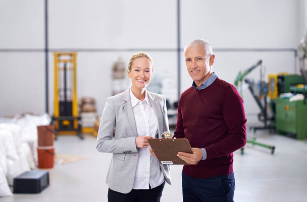 Checklist, teamwork or portrait of people in warehouse for stock in workshop, supply chain or production. Woman, clipboard or happy managers in factory for industrial process, inspection or resources. - Photo, Image