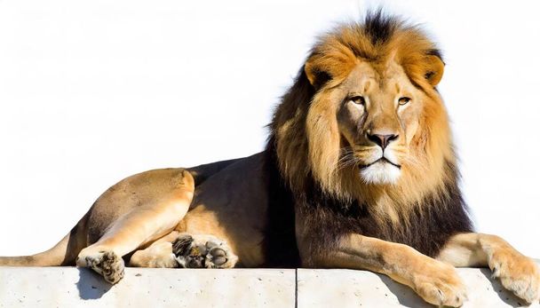 vue d'un Lion mâle adulte - Panthera Leo - allongé et regardant la caméra, isolé sur fond blanc - Photo, image