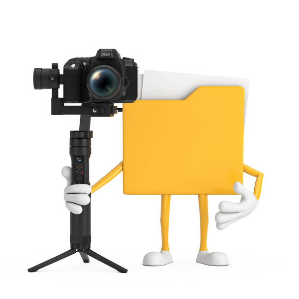 Amarelo File Folder Ícone Cartoon Pessoa personagem mascote com DSLR ou câmera de vídeo Sistema de tripé de estabilização Gimbal em um fundo branco. Renderização 3d  - Foto, Imagem