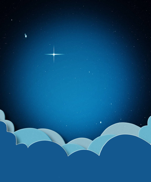 Dibujos animados, ilustración digital y nubes en el cielo para la naturaleza, la fantasía y la paz con las estrellas en la noche oscura o galaxia. Luz, atmósfera y espacio aéreo con dibujo gráfico para el sueño, la creatividad y la calma. - Foto, Imagen