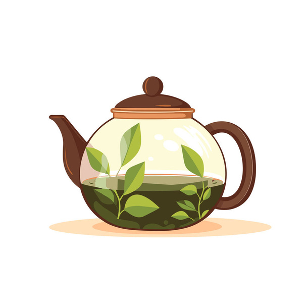 Hojas de té verde, té, tetera, taza, vidrio, ilustración vectorial, plantilla de icono de signo - Vector, Imagen