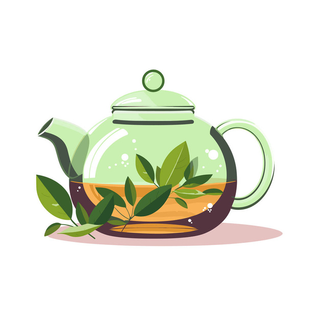 Grüner Tee Blätter, Tee, Wasserkocher, Tasse, Glas, Vektorillustration, Zeichen-Symbol-Vorlage - Vektor, Bild